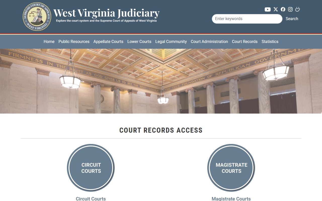 West Virginia Judiciary Court Record Access page linking circuit and magistrate searches